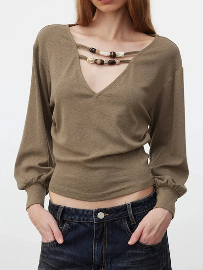 AFTADAWN V-Neck Beaded Lantern Sleeve Crop Top T-shirt