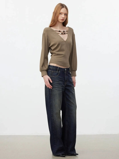 AFTADAWN V-Neck Beaded Lantern Sleeve Crop Top T-shirt