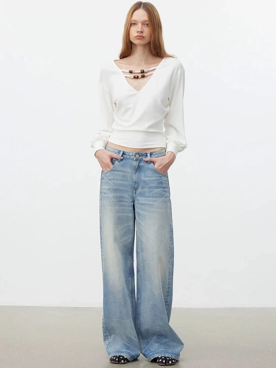 AFTADAWN V-Neck Beaded Lantern Sleeve Crop Top T-shirt