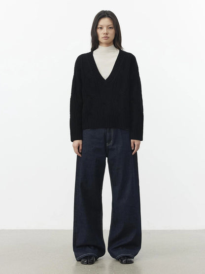 AFTADAWN V-Neck Cable Knit Wool Sweater Sweater