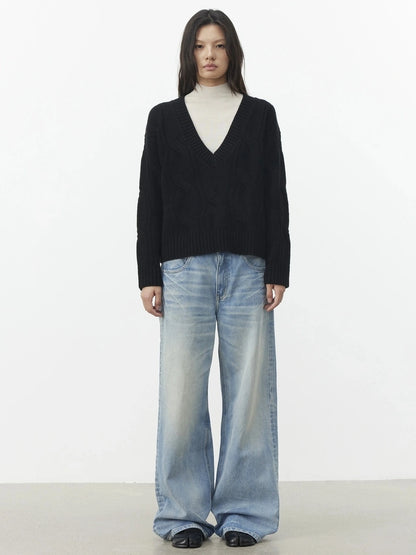AFTADAWN V-Neck Cable Knit Wool Sweater Sweater