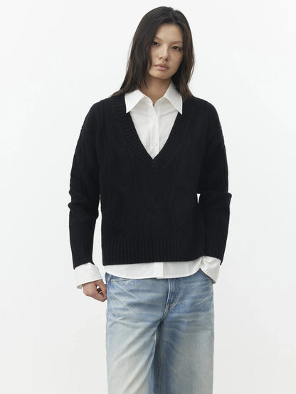 AFTADAWN V-Neck Cable Knit Wool Sweater Sweater