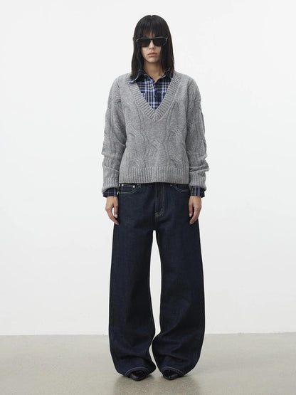 AFTADAWN V-Neck Cable Knit Wool Sweater Sweater