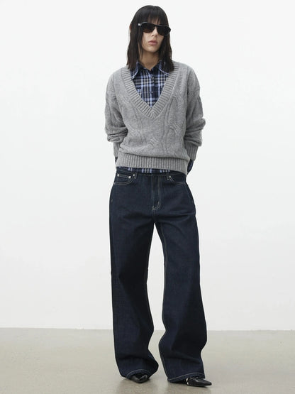 AFTADAWN V-Neck Cable Knit Wool Sweater Sweater