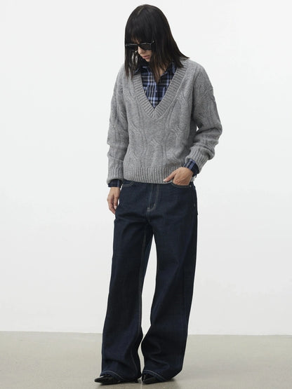 AFTADAWN V-Neck Cable Knit Wool Sweater Sweater