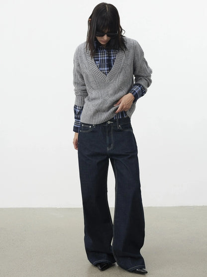 AFTADAWN V-Neck Cable Knit Wool Sweater Sweater