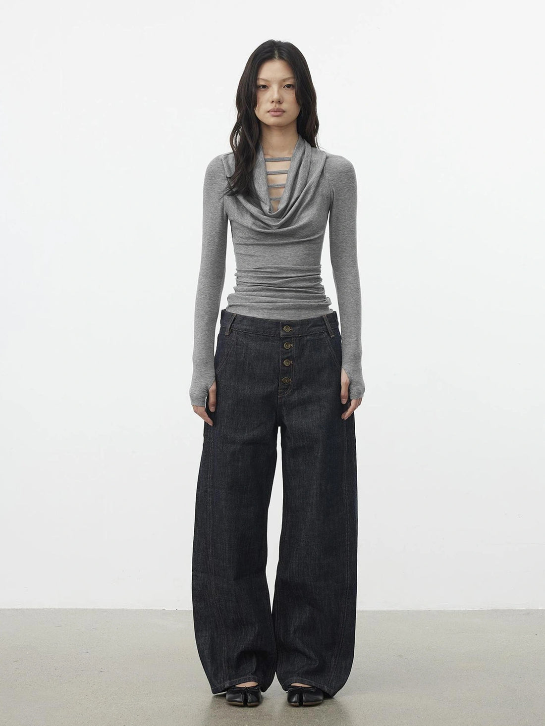 AFTADAWN V-Neck Hollow-Out Slim Fit Long Sleeve Top T-shirt