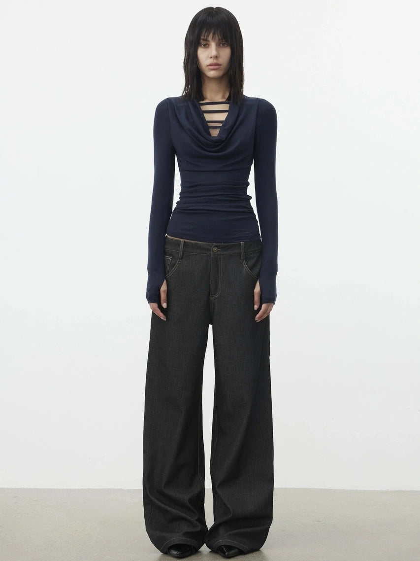 AFTADAWN V-Neck Hollow-Out Slim Fit Long Sleeve Top T-shirt