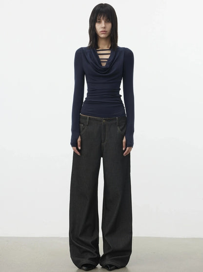 AFTADAWN V-Neck Hollow-Out Slim Fit Long Sleeve Top T-shirt