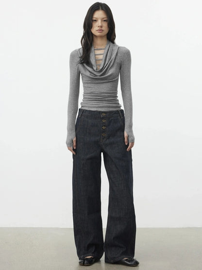 AFTADAWN V-Neck Hollow-Out Slim Fit Long Sleeve Top T-shirt