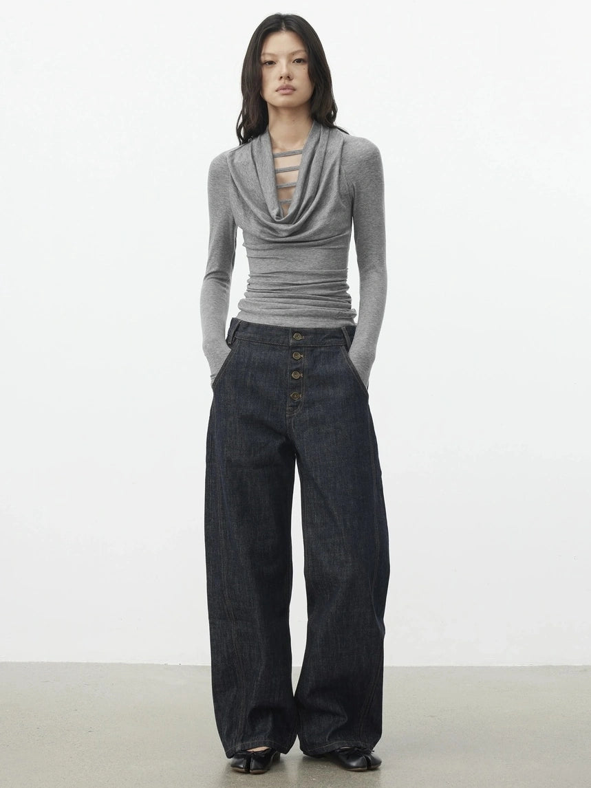 AFTADAWN V-Neck Hollow-Out Slim Fit Long Sleeve Top T-shirt