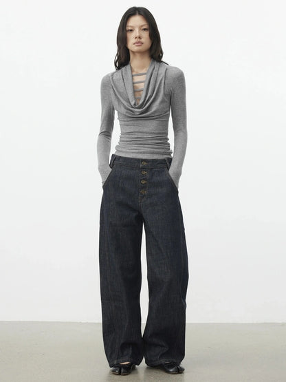 AFTADAWN V-Neck Hollow-Out Slim Fit Long Sleeve Top T-shirt