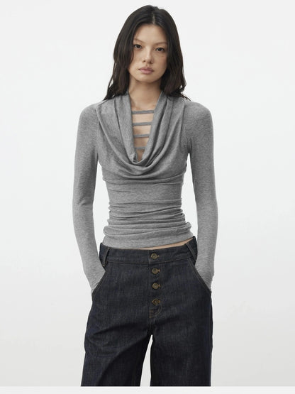 AFTADAWN V-Neck Hollow-Out Slim Fit Long Sleeve Top T-shirt