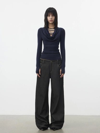 AFTADAWN V-Neck Hollow-Out Slim Fit Long Sleeve Top T-shirt