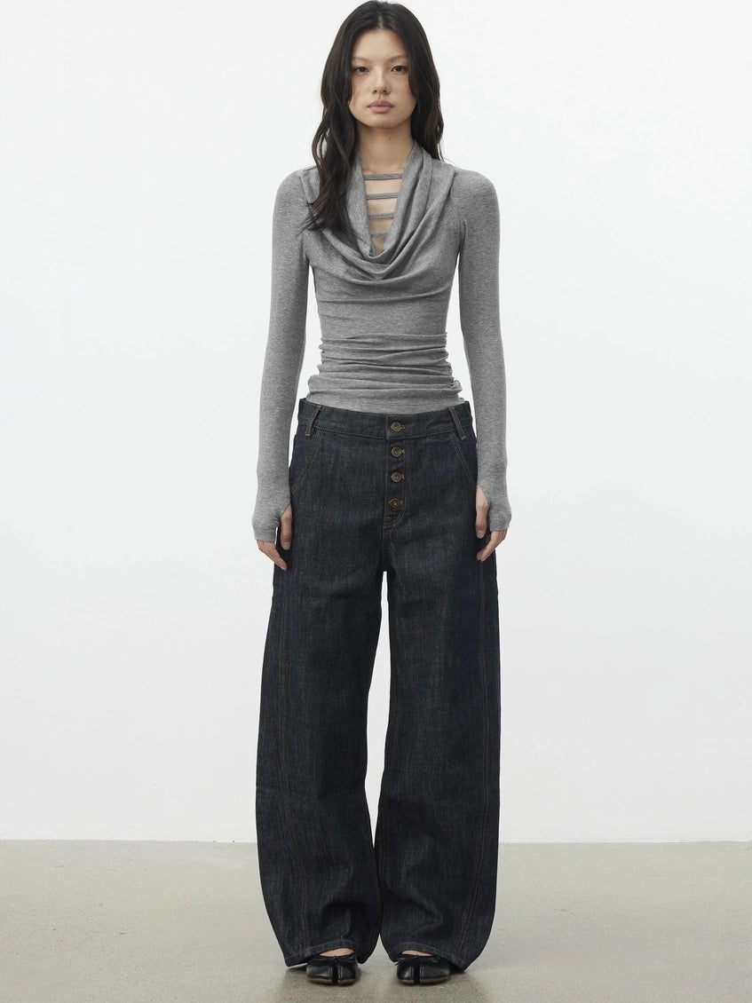 AFTADAWN V-Neck Hollow-Out Slim Fit Long Sleeve Top T-shirt