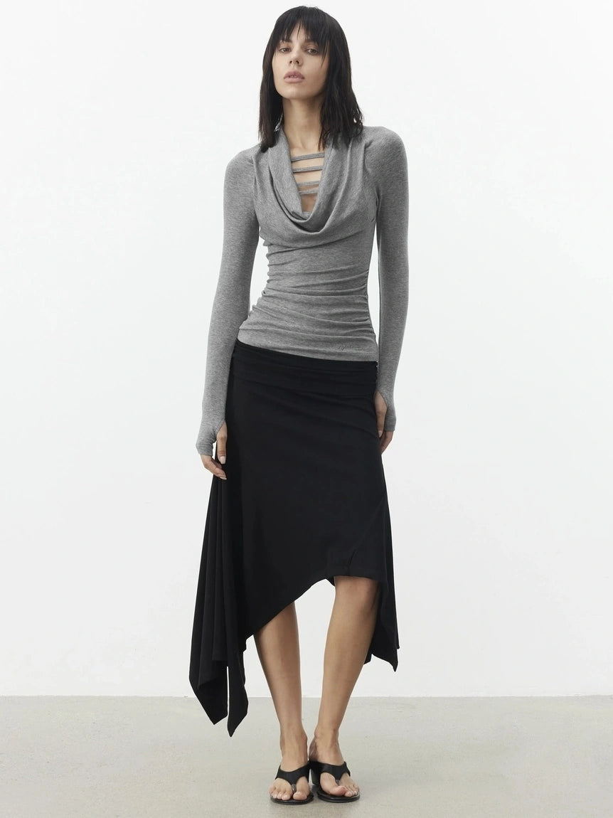 AFTADAWN V-Neck Hollow-Out Slim Fit Long Sleeve Top T-shirt