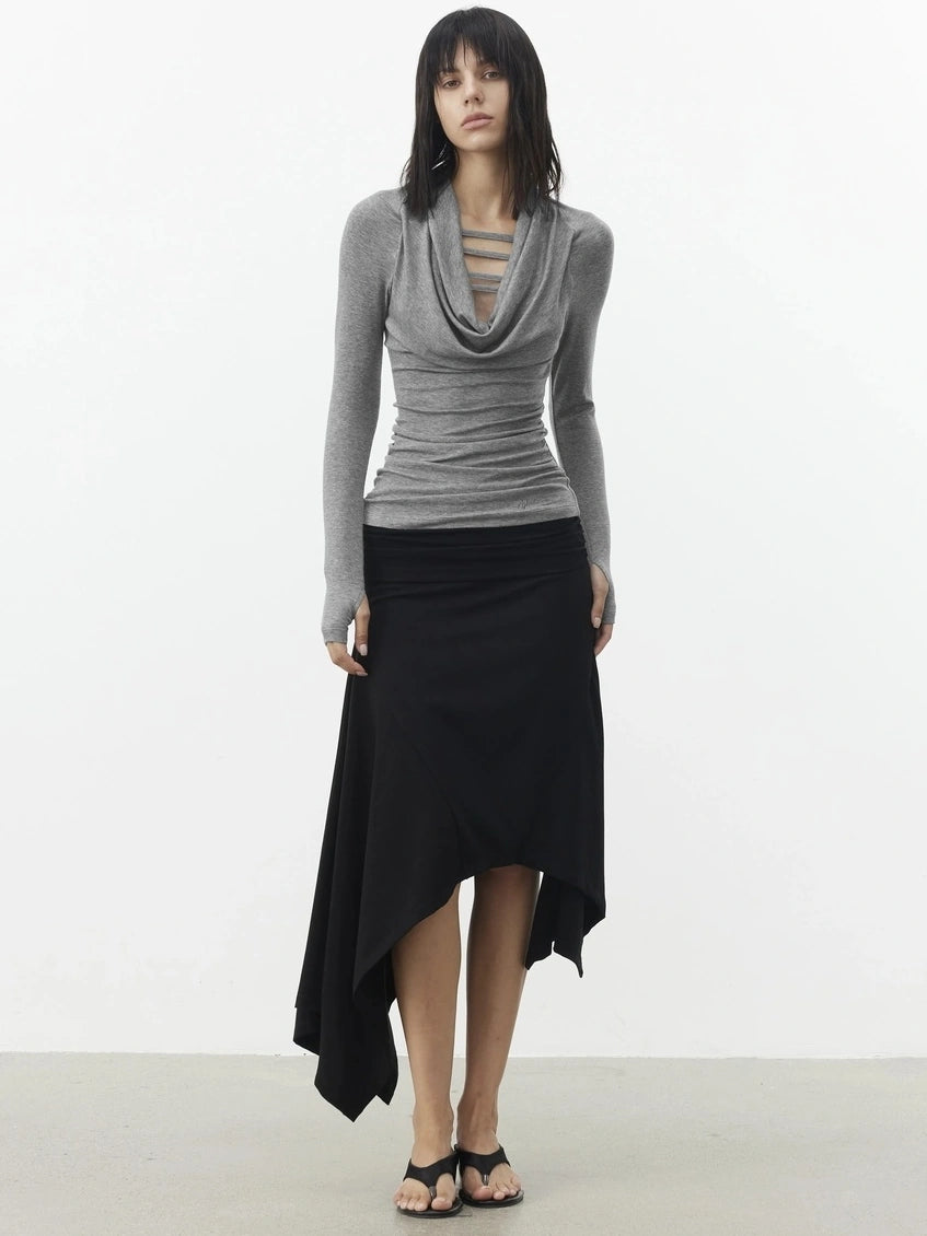 AFTADAWN V-Neck Hollow-Out Slim Fit Long Sleeve Top T-shirt