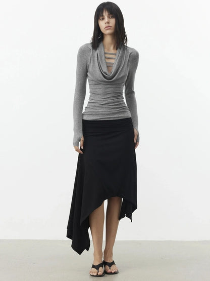 AFTADAWN V-Neck Hollow-Out Slim Fit Long Sleeve Top T-shirt