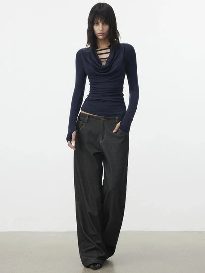 AFTADAWN V-Neck Hollow-Out Slim Fit Long Sleeve Top T-shirt