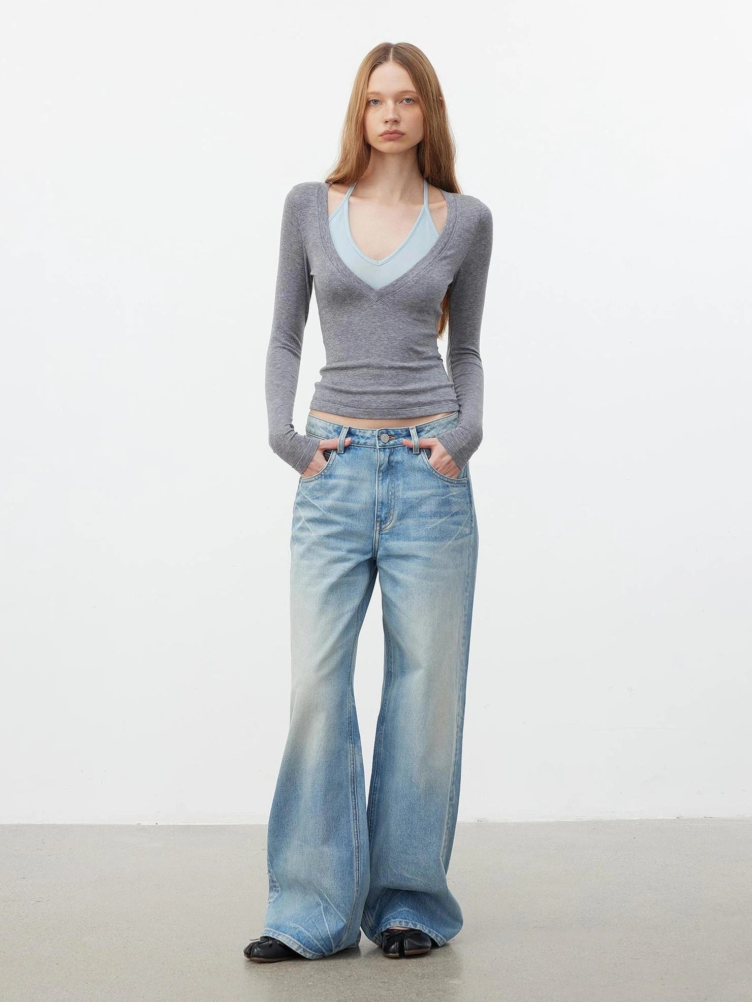 AFTADAWN V-Neck Layered Lyocell Merino Wool Top T-shirt