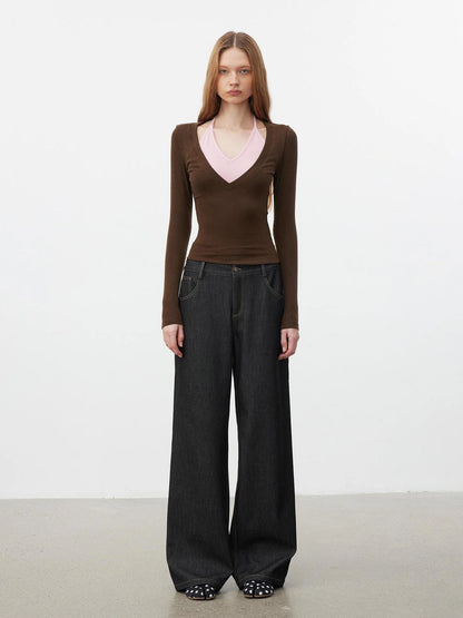 AFTADAWN V-Neck Layered Lyocell Merino Wool Top T-shirt