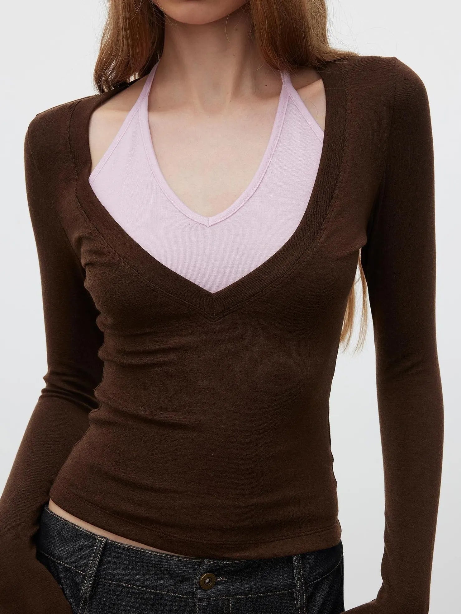 AFTADAWN V-Neck Layered Lyocell Merino Wool Top T-shirt