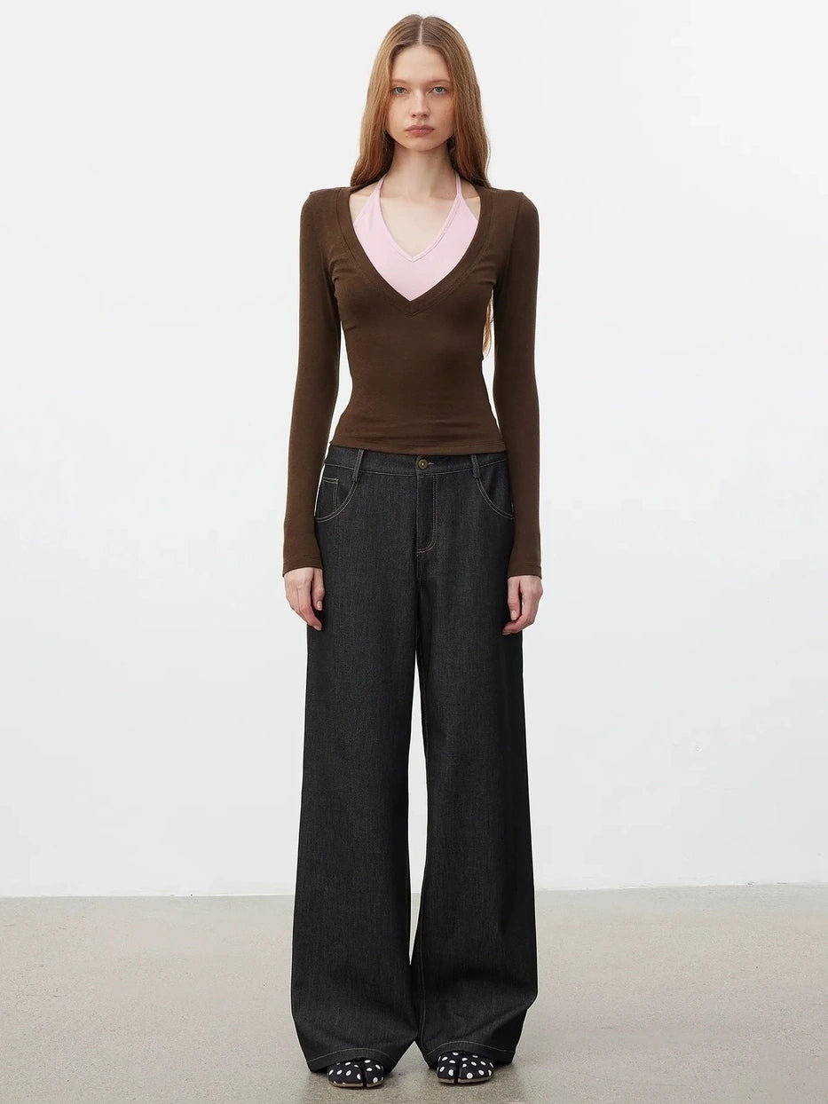 AFTADAWN V-Neck Layered Lyocell Merino Wool Top T-shirt