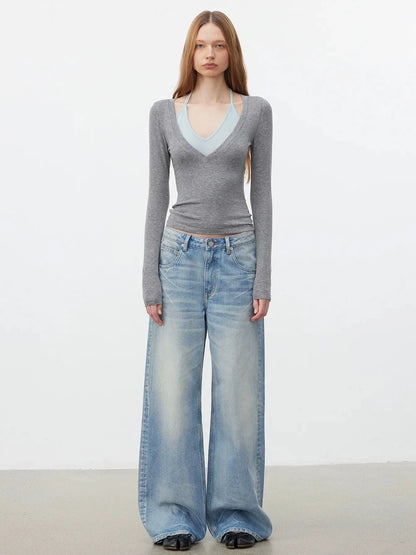 AFTADAWN V-Neck Layered Lyocell Merino Wool Top T-shirt