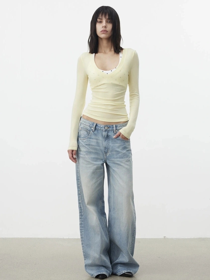 AFTADAWN V-Neck Pleated Waist Tencel Wool Top T-shirt