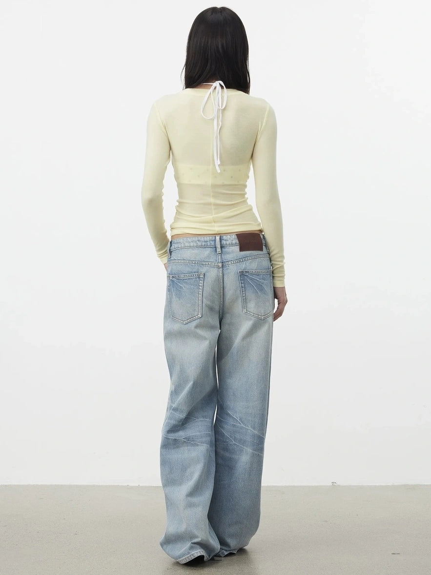 AFTADAWN V-Neck Pleated Waist Tencel Wool Top T-shirt