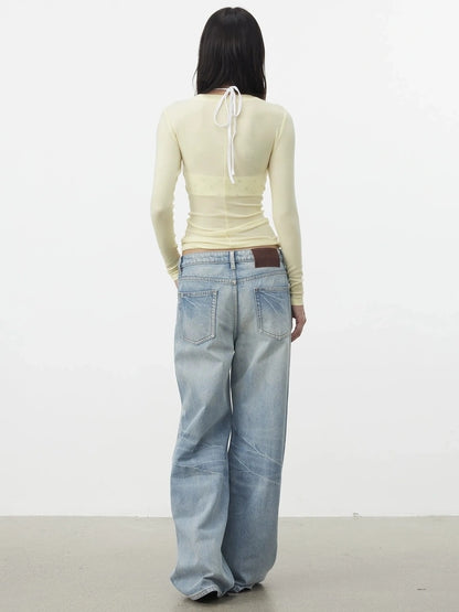 AFTADAWN V-Neck Pleated Waist Tencel Wool Top T-shirt