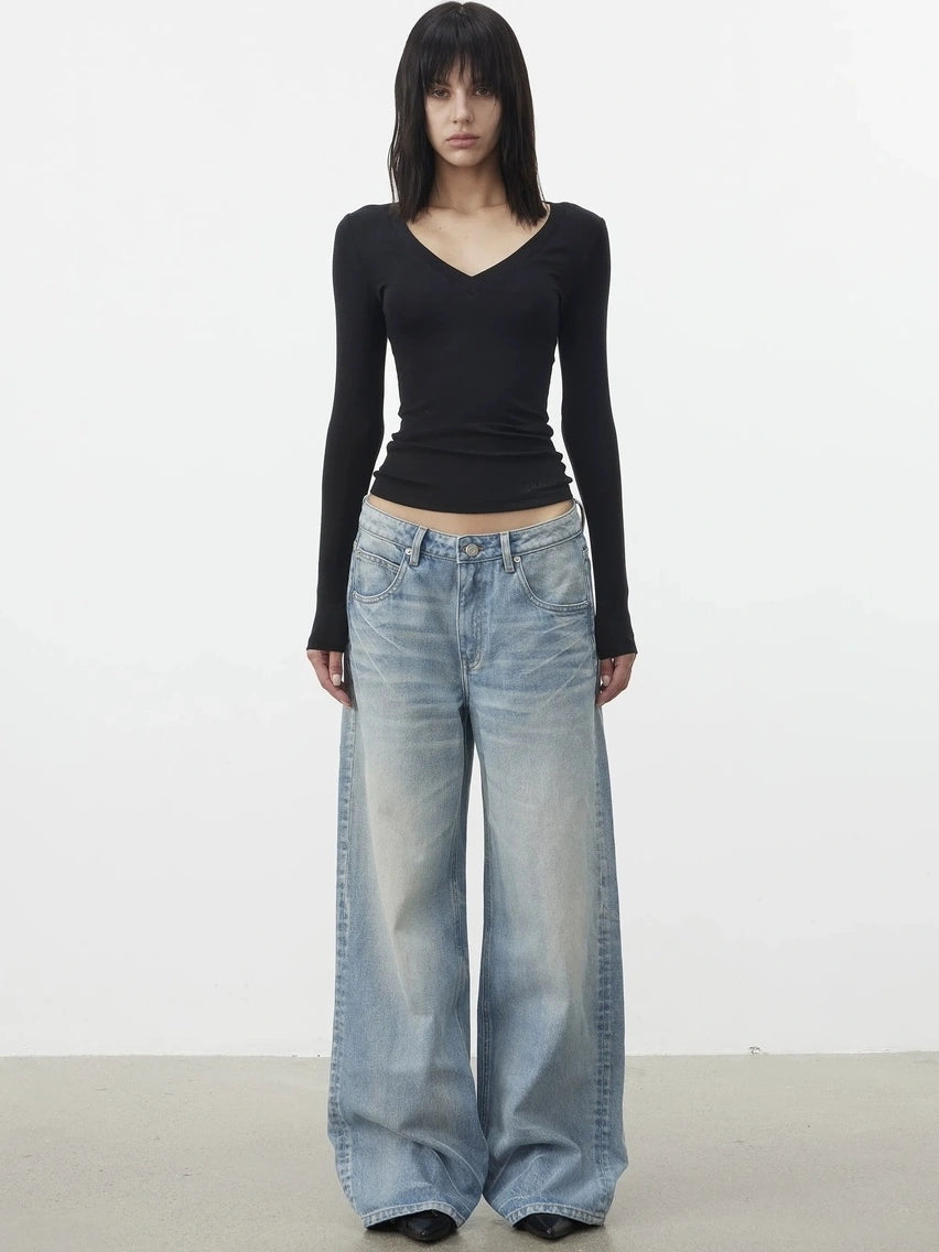 AFTADAWN V-Neck Pleated Waist Tencel Wool Top T-shirt