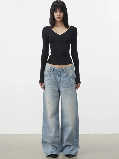 AFTADAWN V-Neck Pleated Waist Tencel Wool Top T-shirt