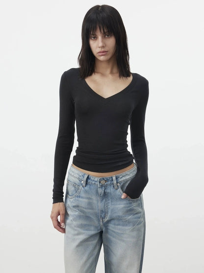 AFTADAWN V-Neck Pleated Waist Tencel Wool Top T-shirt