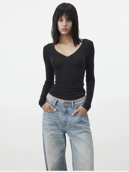 AFTADAWN V-Neck Pleated Waist Tencel Wool Top T-shirt