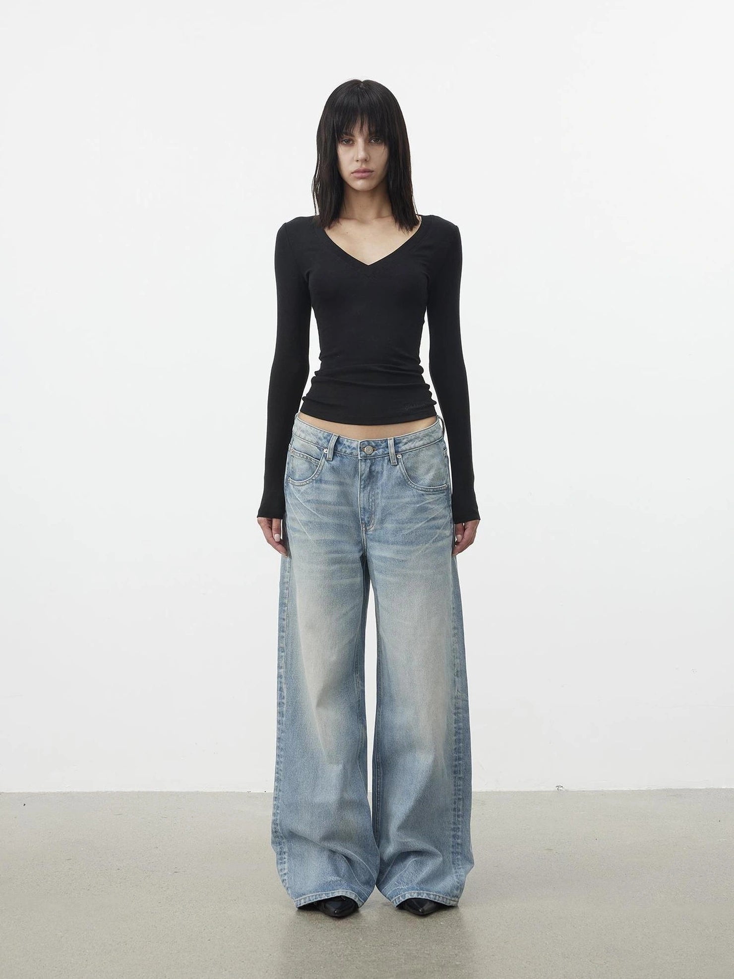 AFTADAWN V-Neck Pleated Waist Tencel Wool Top T-shirt