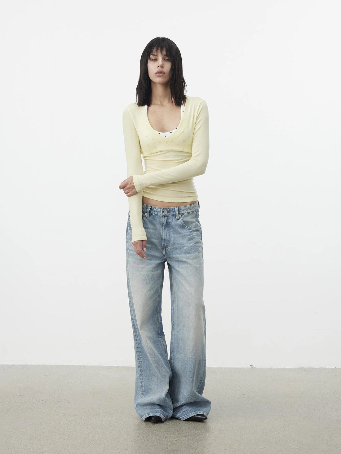 AFTADAWN V-Neck Pleated Waist Tencel Wool Top T-shirt