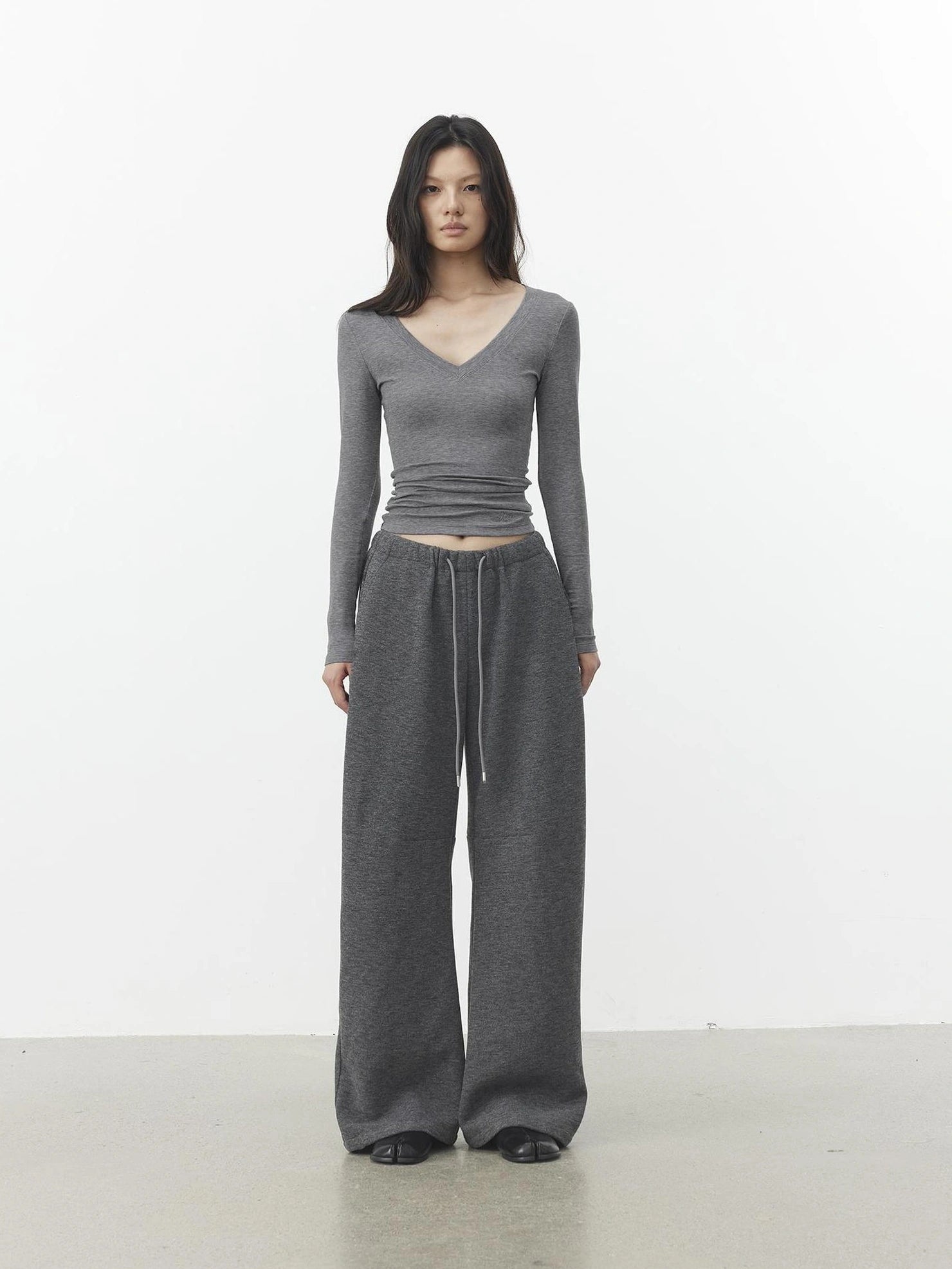 AFTADAWN V-Neck Pleated Waist Tencel Wool Top T-shirt