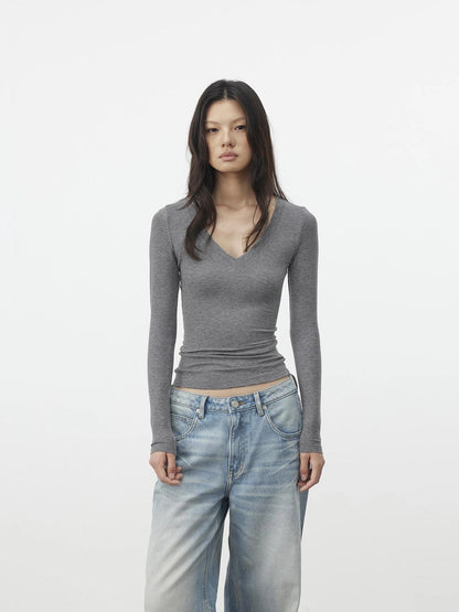 AFTADAWN V-Neck Pleated Waist Tencel Wool Top T-shirt