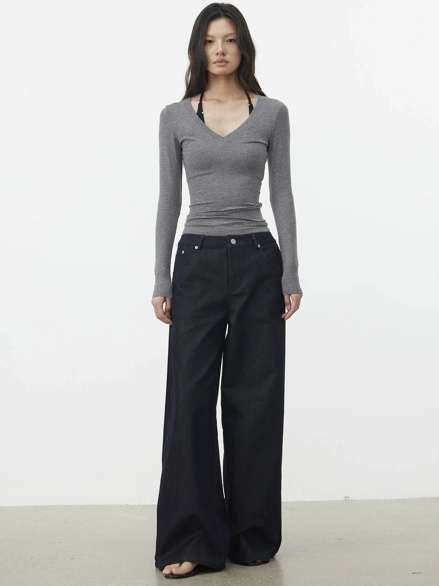 AFTADAWN V-Neck Pleated Waist Tencel Wool Top T-shirt