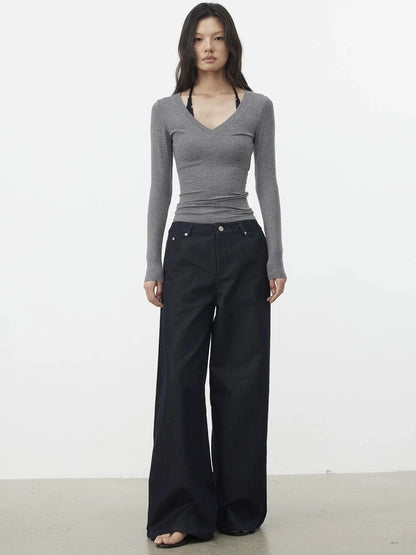 AFTADAWN V-Neck Pleated Waist Tencel Wool Top T-shirt