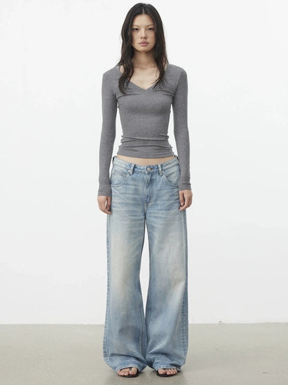 AFTADAWN V-Neck Pleated Waist Tencel Wool Top T-shirt