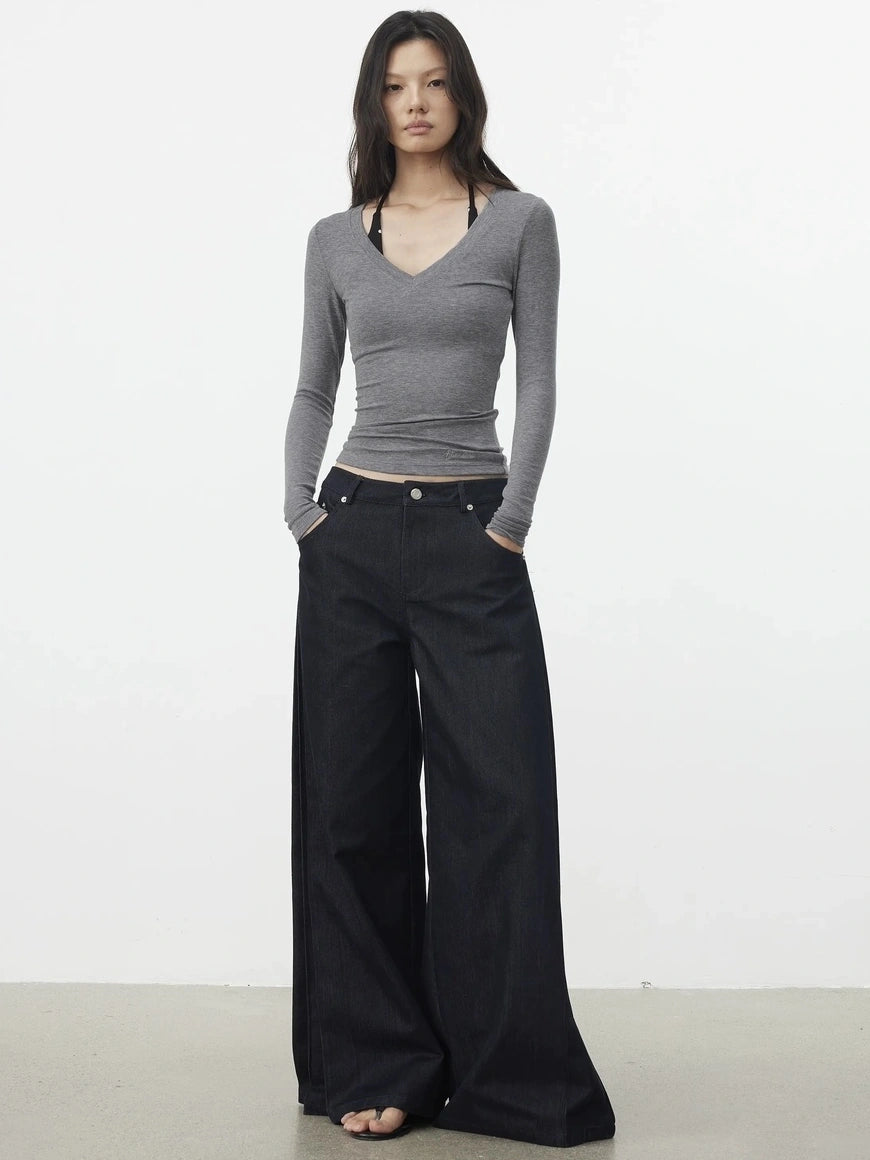 AFTADAWN V-Neck Pleated Waist Tencel Wool Top T-shirt