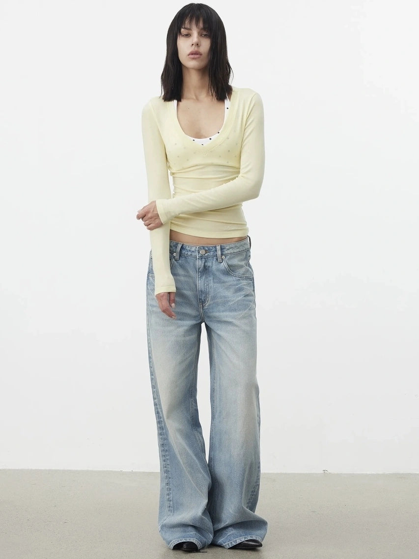 AFTADAWN V-Neck Pleated Waist Tencel Wool Top T-shirt