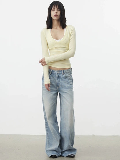 AFTADAWN V-Neck Pleated Waist Tencel Wool Top T-shirt