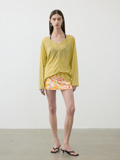 AFTADAWN V-Neck Snowflake Textured Sun Protection Tunic Top
