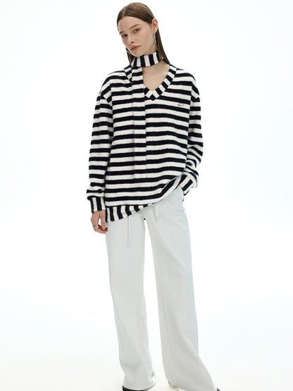 AFTADAWN V-Neck Striped Knit Sweater With Detachable Scarf