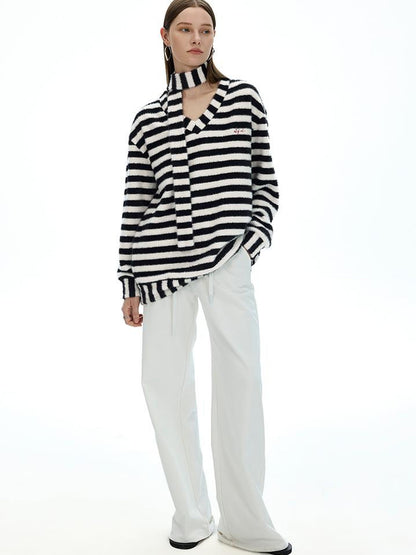 AFTADAWN V-Neck Striped Knit Sweater With Detachable Scarf