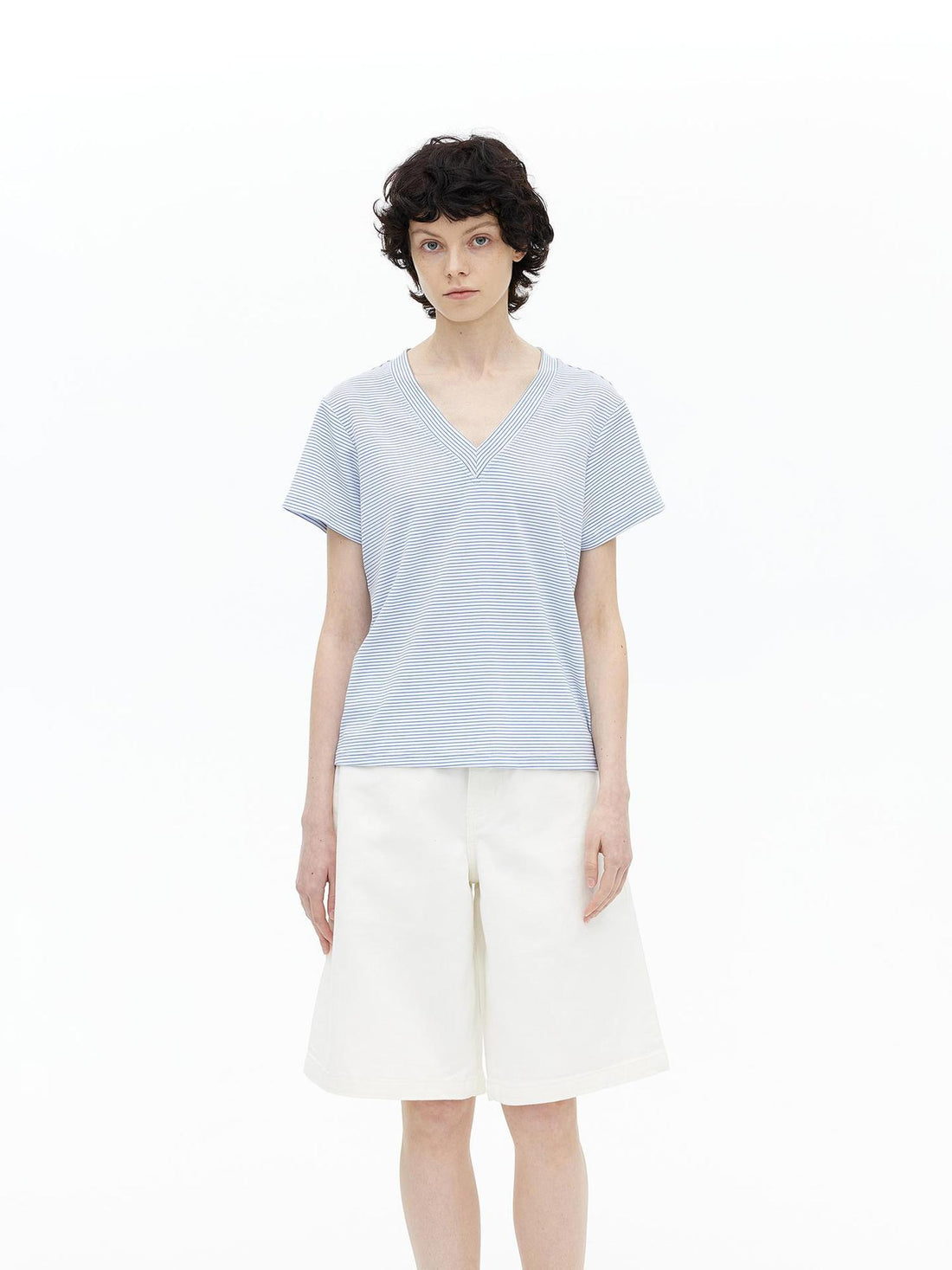 AFTADAWN V-Neck Striped Lyocell Tee