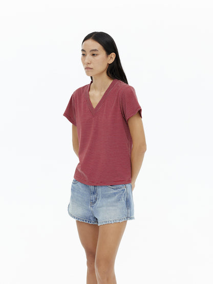 AFTADAWN V-Neck Striped Lyocell Tee